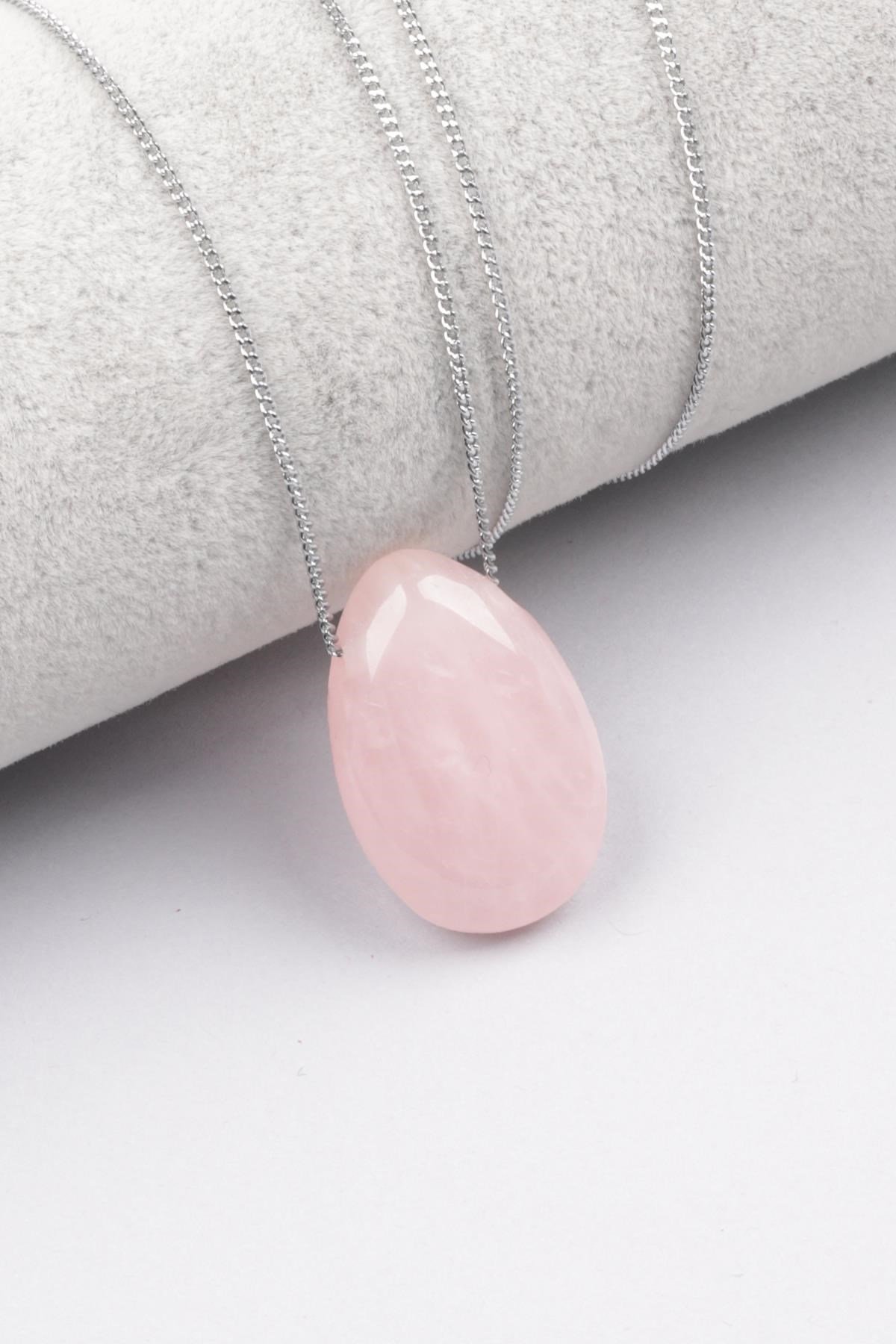 Pembe Kuvars Doğal Taş Damla Model Kolye