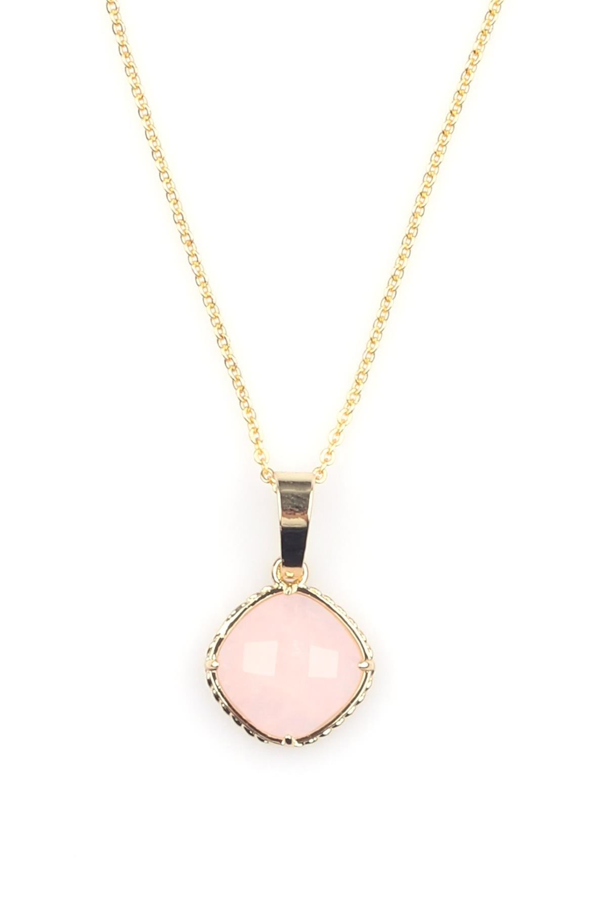 Pembe Kuvars Doğal Taş Gold Renkli Kolye
