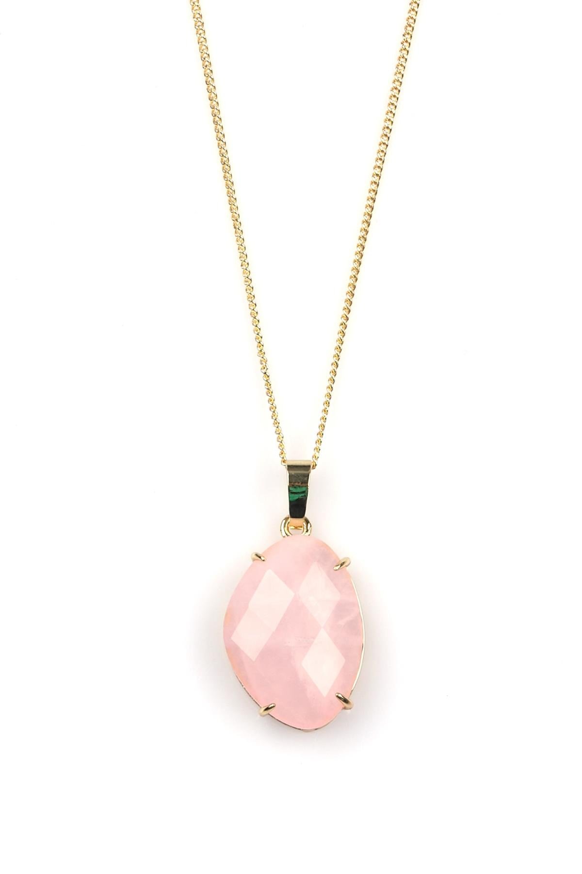 Pembe Kuvars Doğal Taş Gold Renkli Kolye