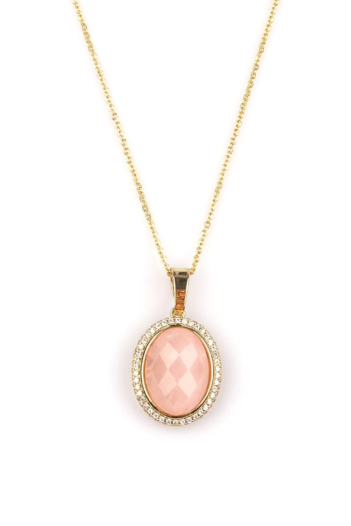Pembe Kuvars Doğal Taş Gold Renkli Kolye