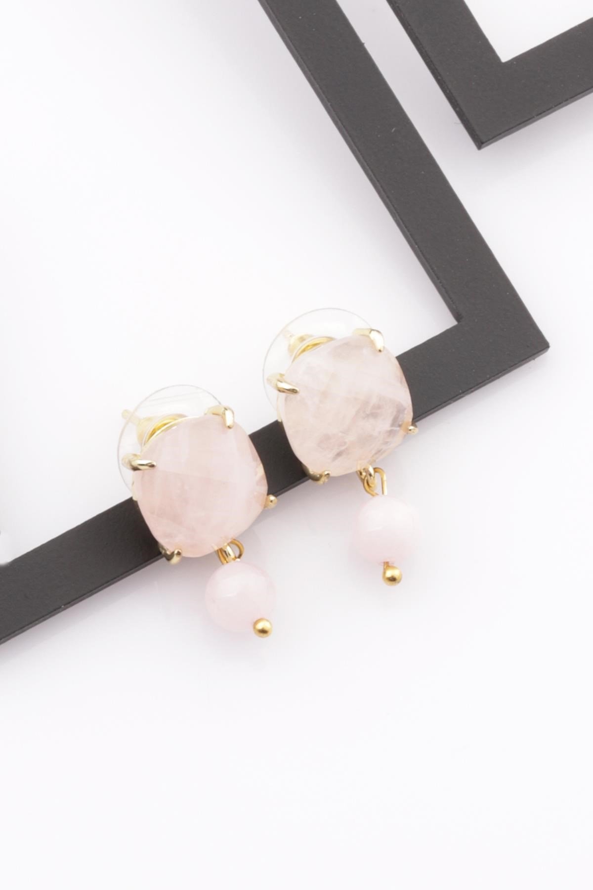 Pembe Kuvars Doğal Taş Gold Renkli Küpe