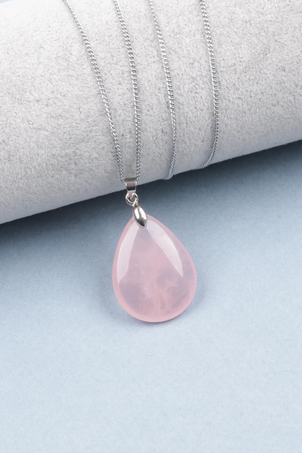 Pembe Kuvars Doğal Taş Kolye