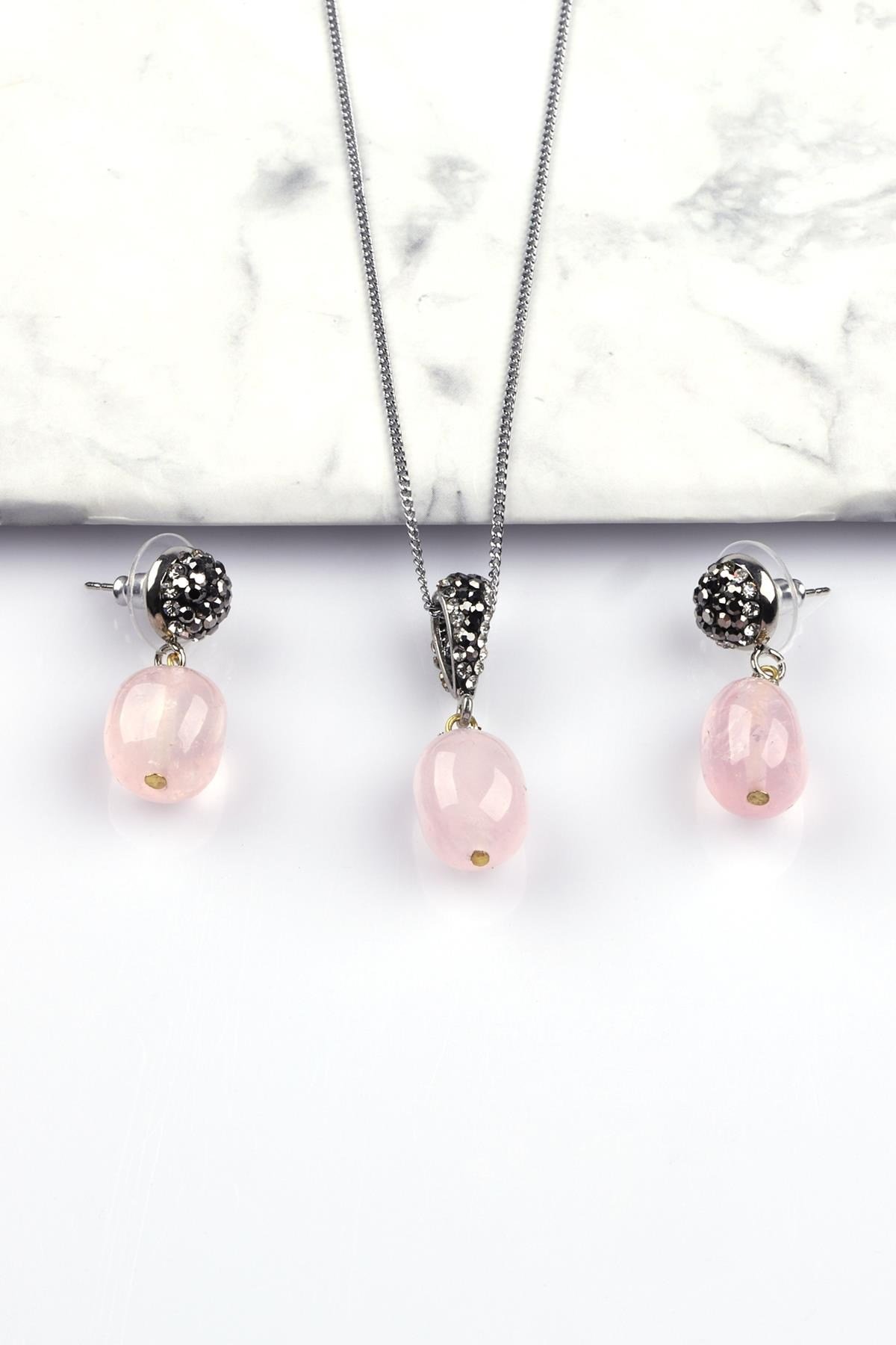 Pembe Kuvars Doğal Taş Kolye - Küpe 2'li Set