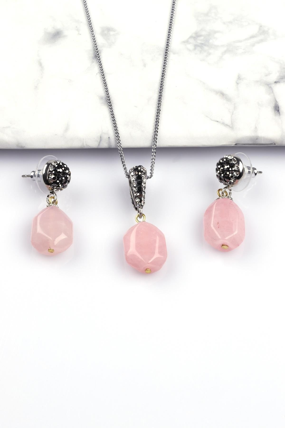Pembe Kuvars Doğal Taş Kolye - Küpe 2'li Set