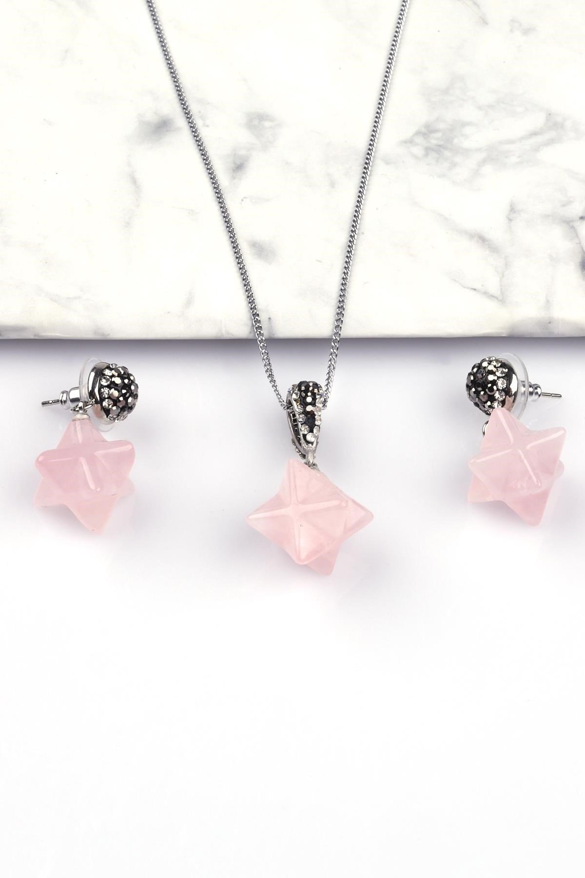 Pembe Kuvars Doğal Taş Kolye - Küpe 2'li Set