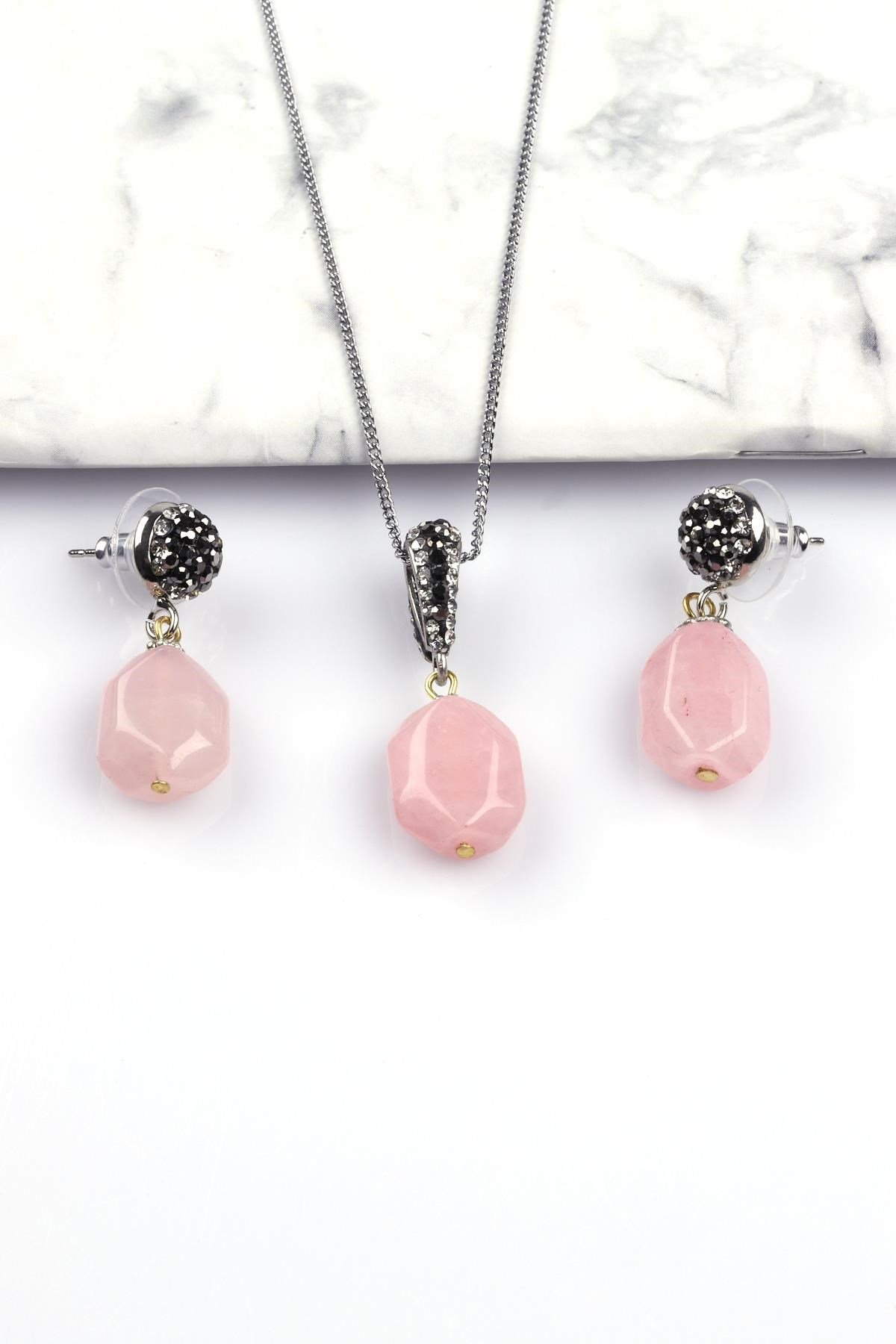 Pembe Kuvars Doğal Taş Kolye - Küpe 2'li Set