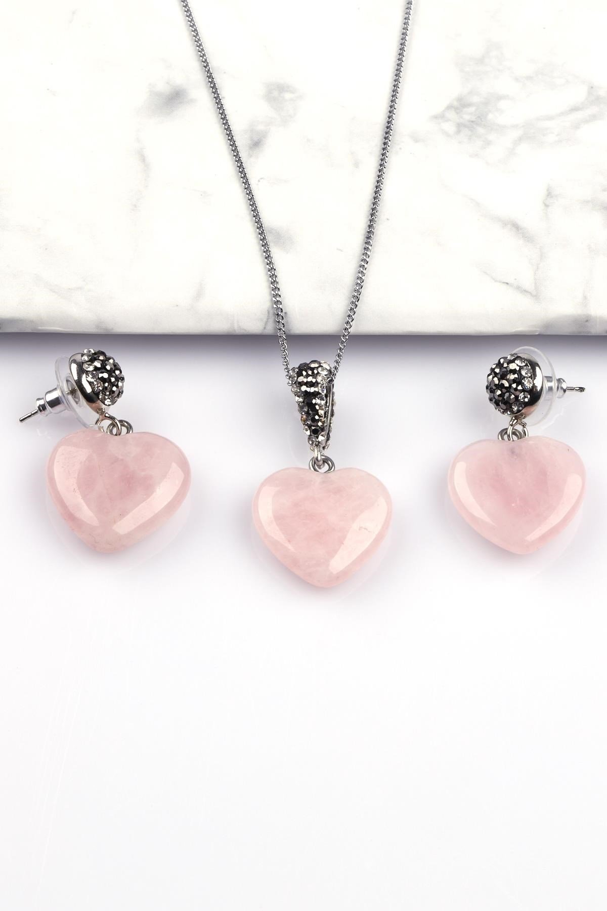 Pembe Kuvars Doğal Taş Kolye - Küpe 2'li Set