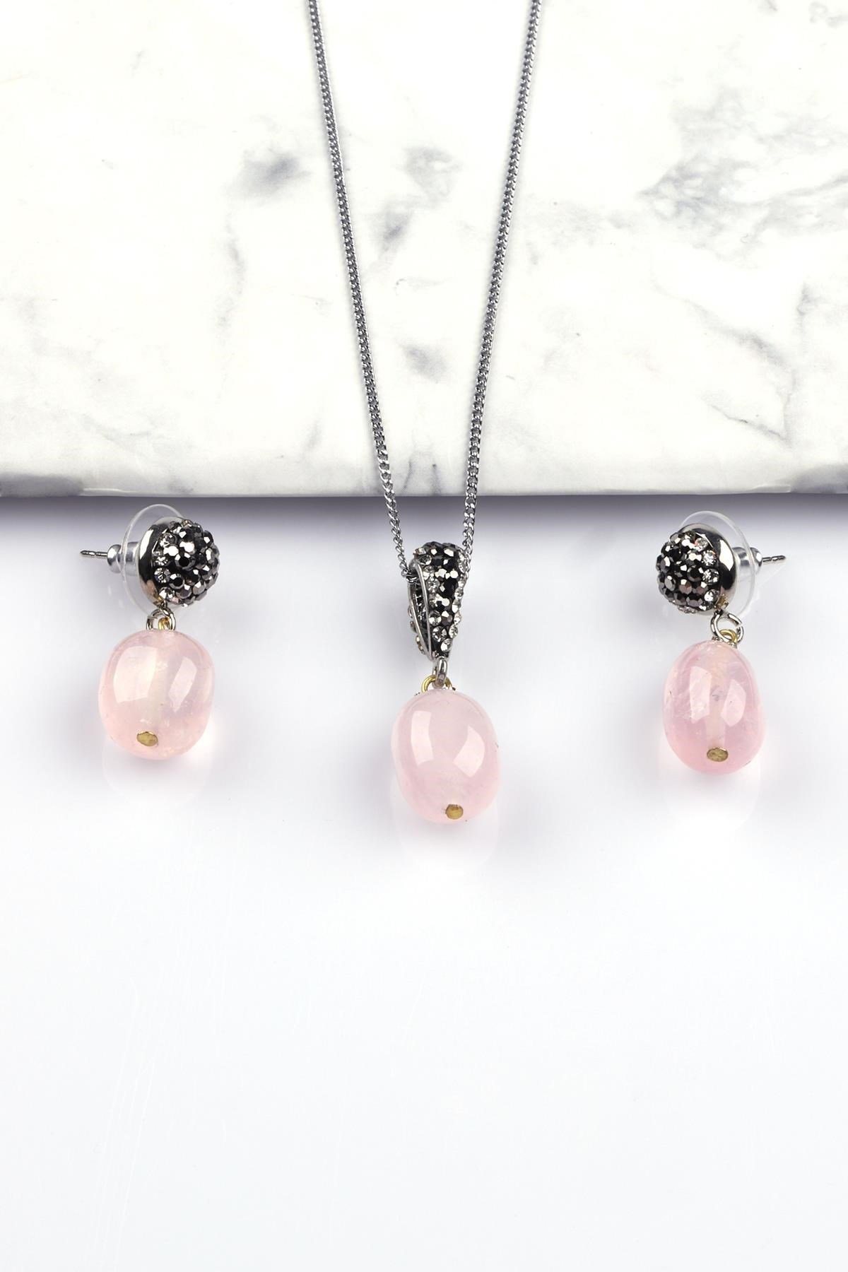 Pembe Kuvars Doğal Taş Kolye - Küpe 2'li Set