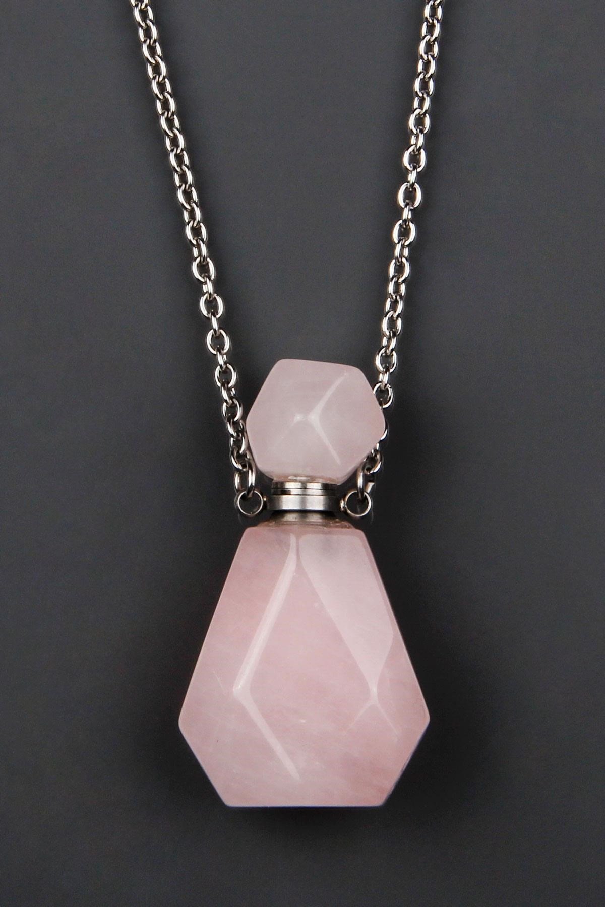 Pembe Kuvars Doğal Taş Parfüm Şişe Tasarımlı Kolye