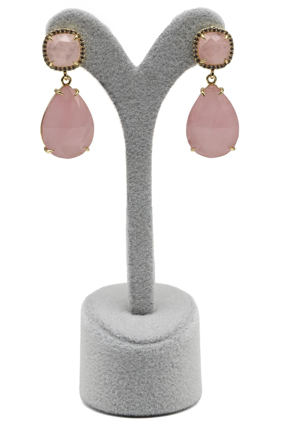 Pembe Kuvars Doğal Taş Sallantılı Küpe - KP-0270