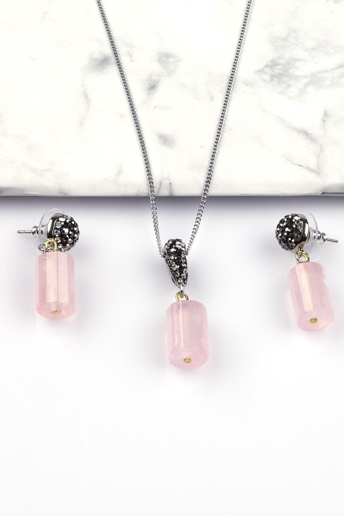 Pembe Kuvars Doğal Taş Silindir Kesim Kolye - Küpe 2'li Set