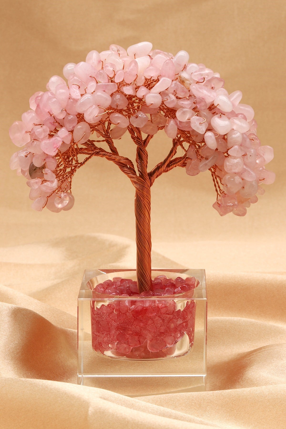 Pembe Kuvars Doğal Taş Tel Sarmalı Ağaç - DT-3316