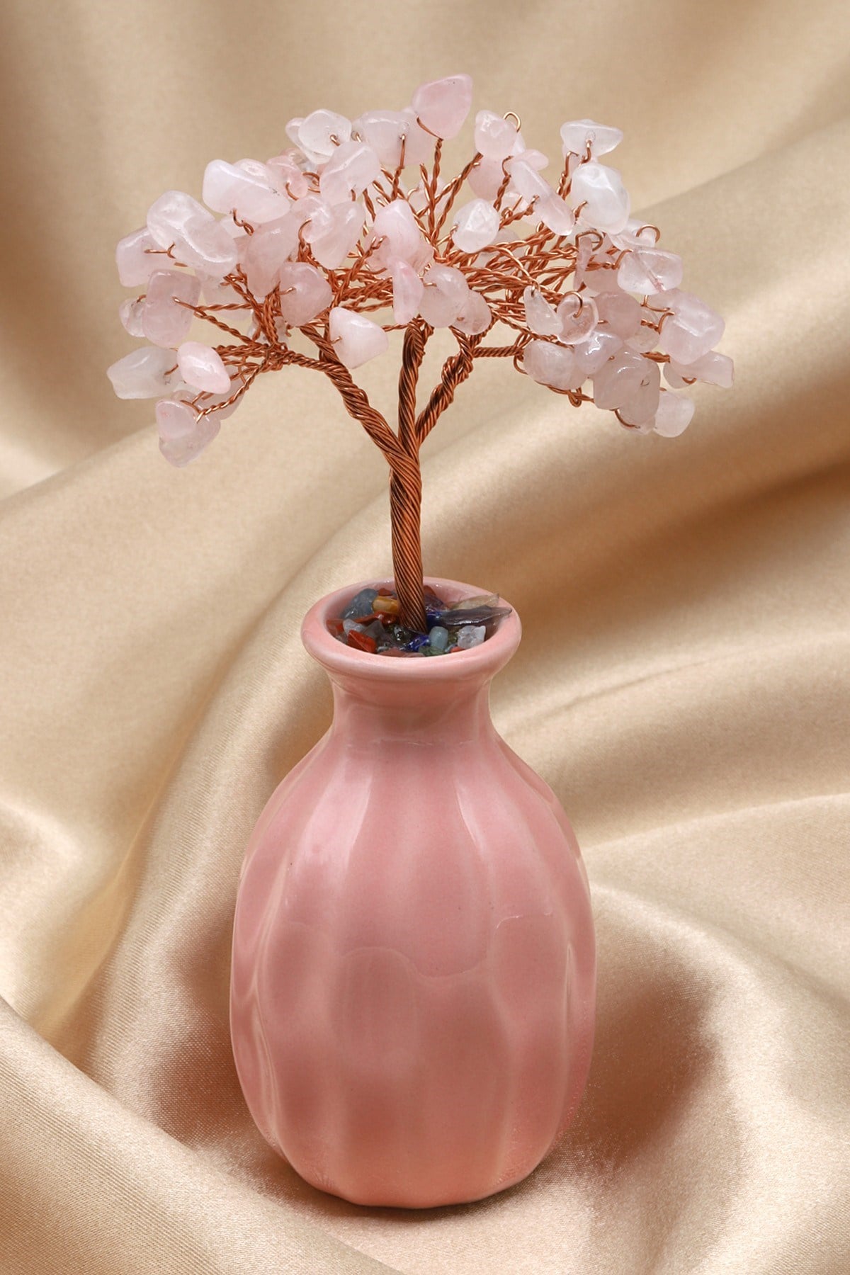 Pembe Kuvars Doğal Taş Tel Sarmalı Ağaç - DT-3249