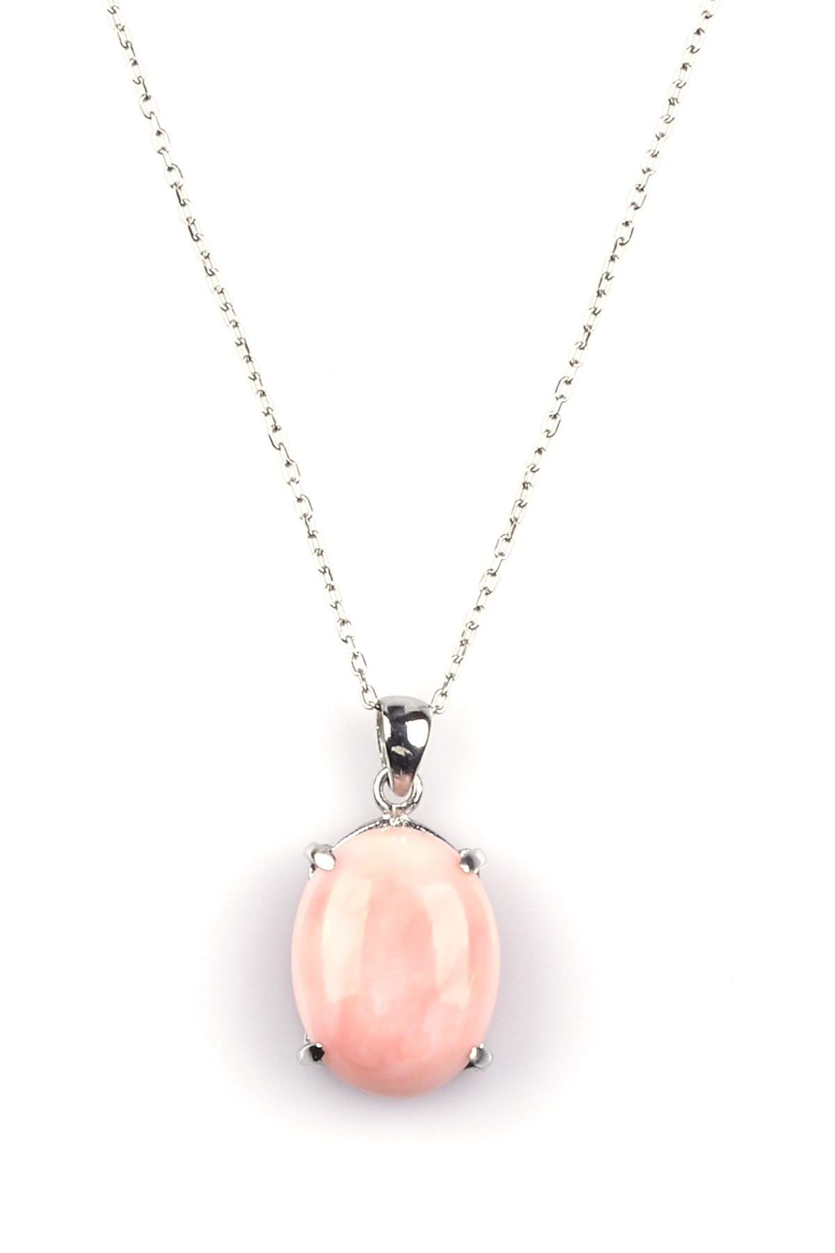 Pembe Opal Doğal Taş 925 Ayar Gümüş Kolye