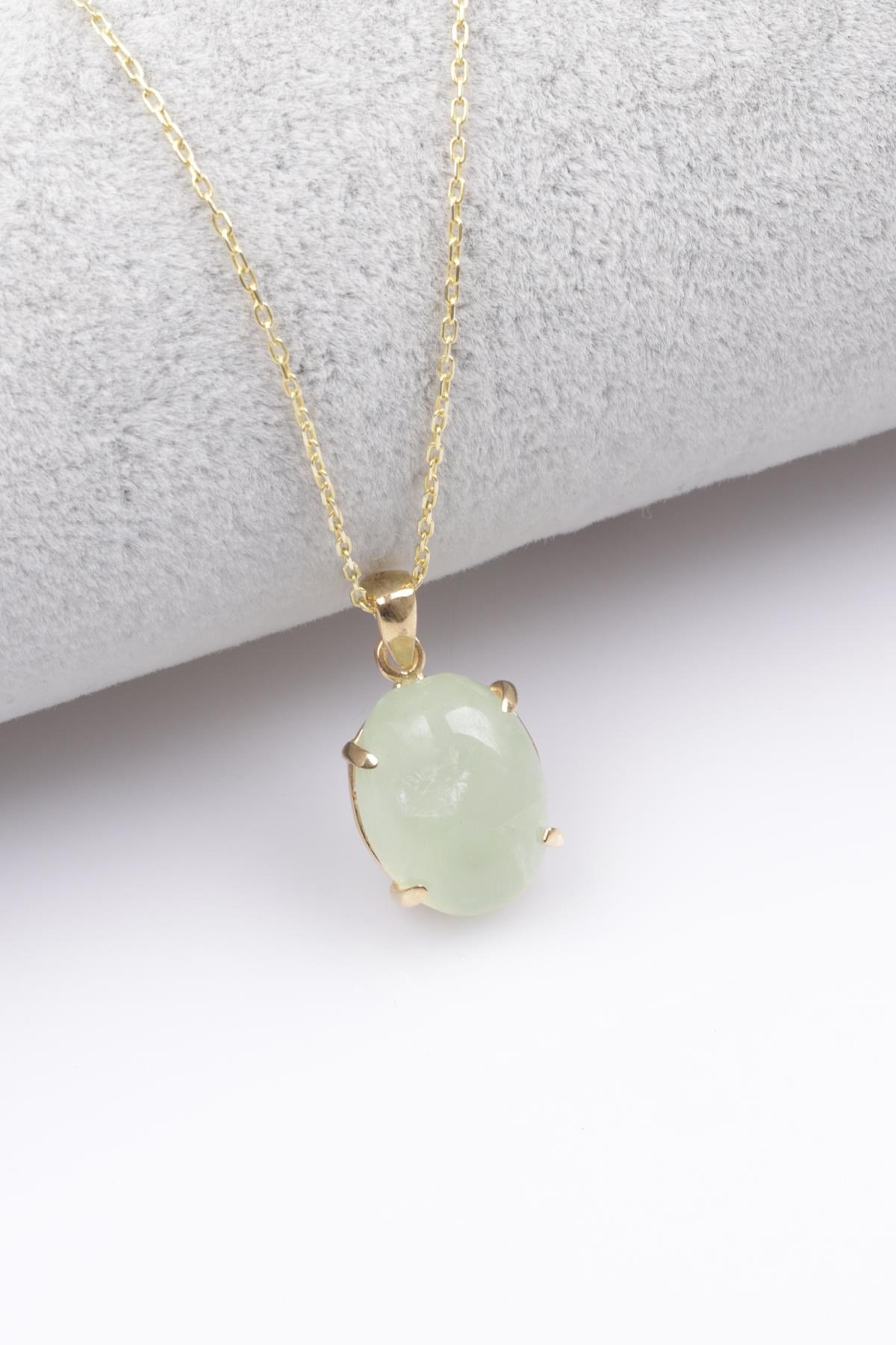 Prehnite Doğal Taş 925 Ayar Gümüş Gold Renkli Kolye