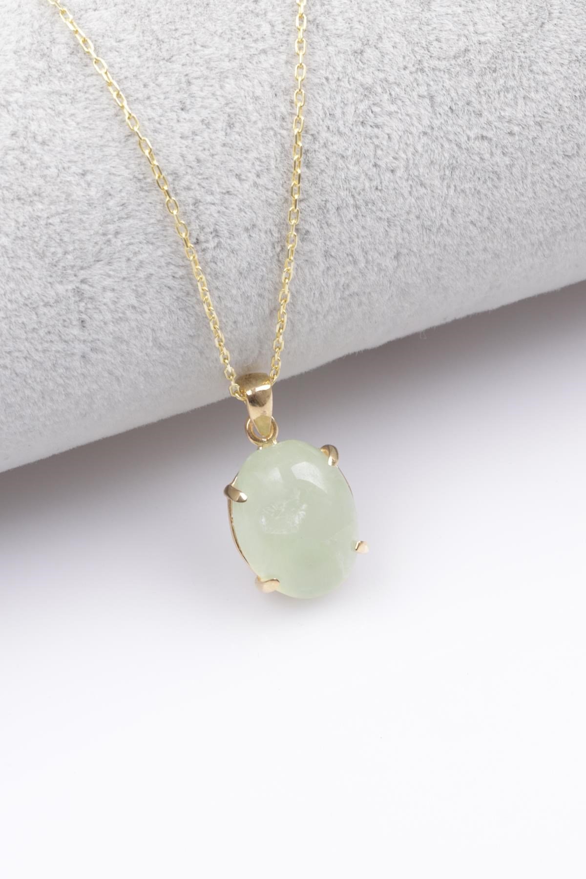 Prehnite Doğal Taş 925 Ayar Gümüş Gold Renkli Kolye