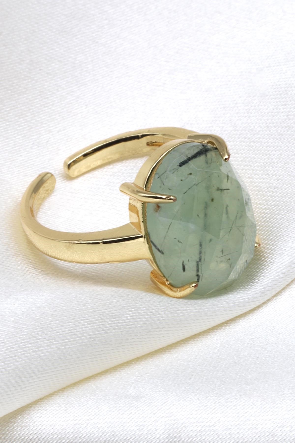 Prehnite Doğal Taş Ayarlanabilir Gold Renk Yüzük