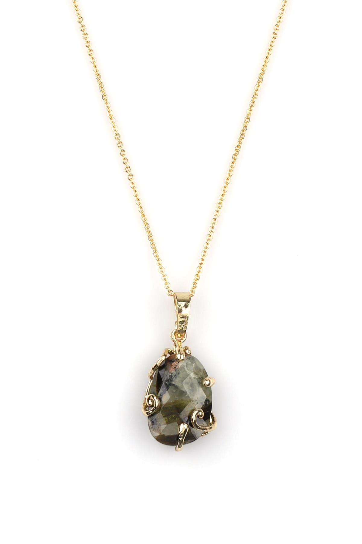 Prehnite Doğal Taş Gold Renkli Kolye