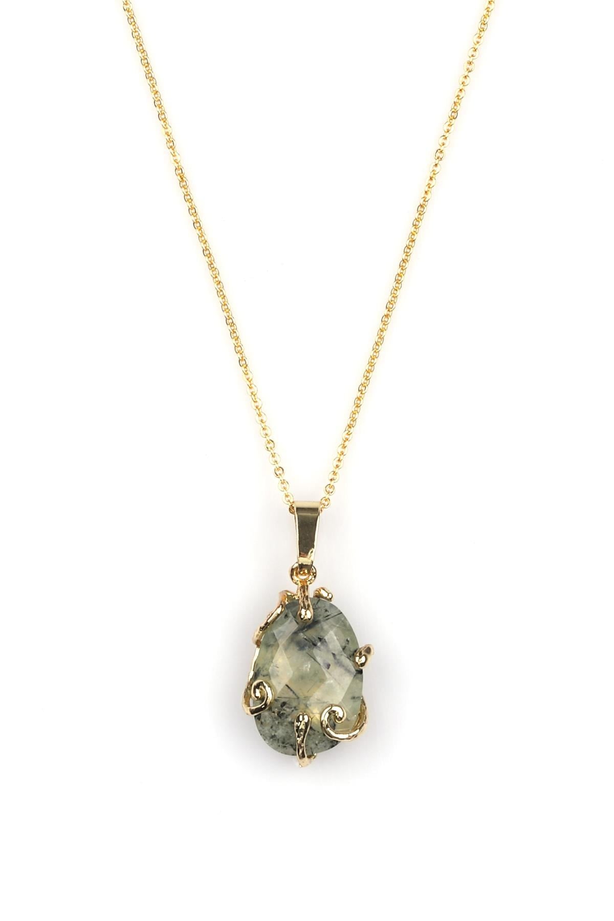 Prehnite Doğal Taş Gold Renkli Kolye