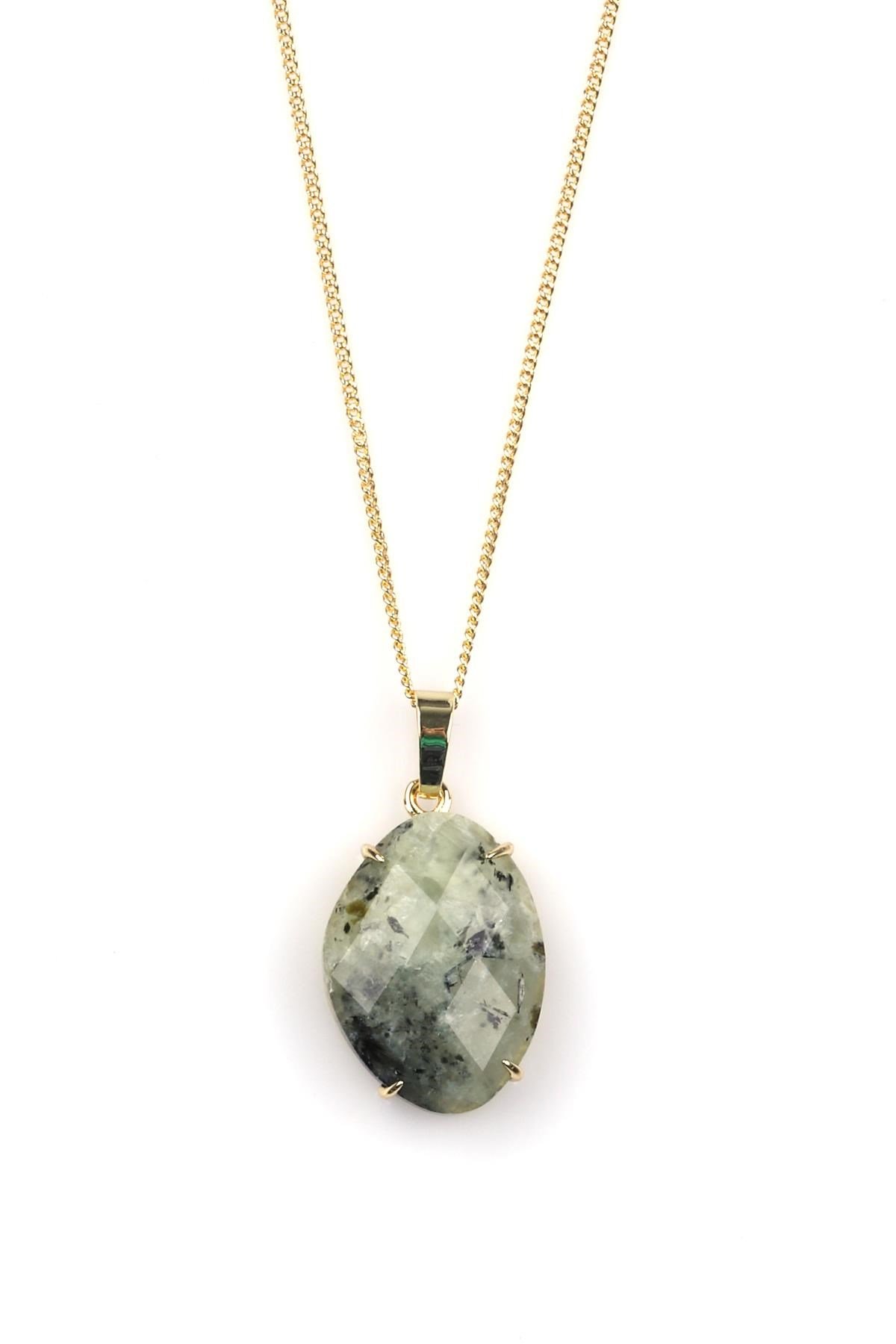 Prehnite Doğal Taş Gold Renkli Kolye