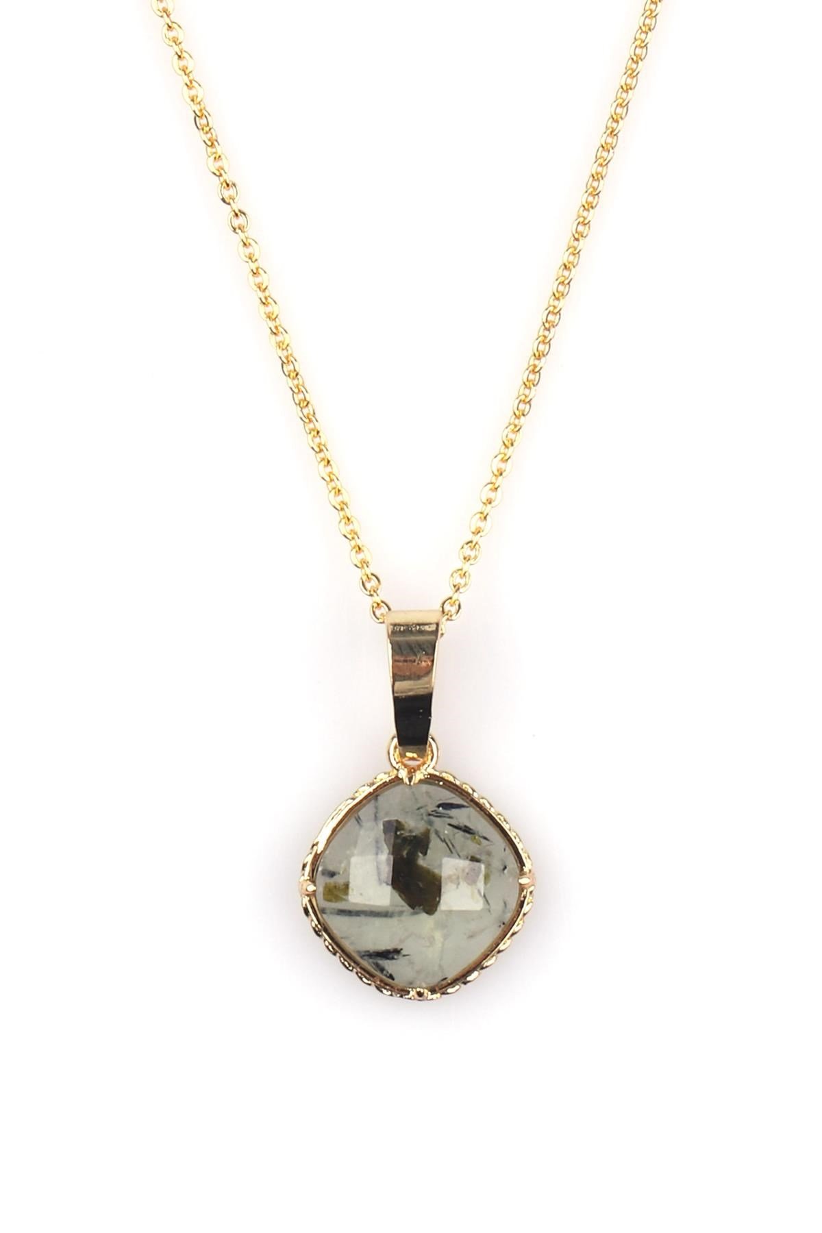 Prehnite Doğal Taş Gold Renkli Kolye