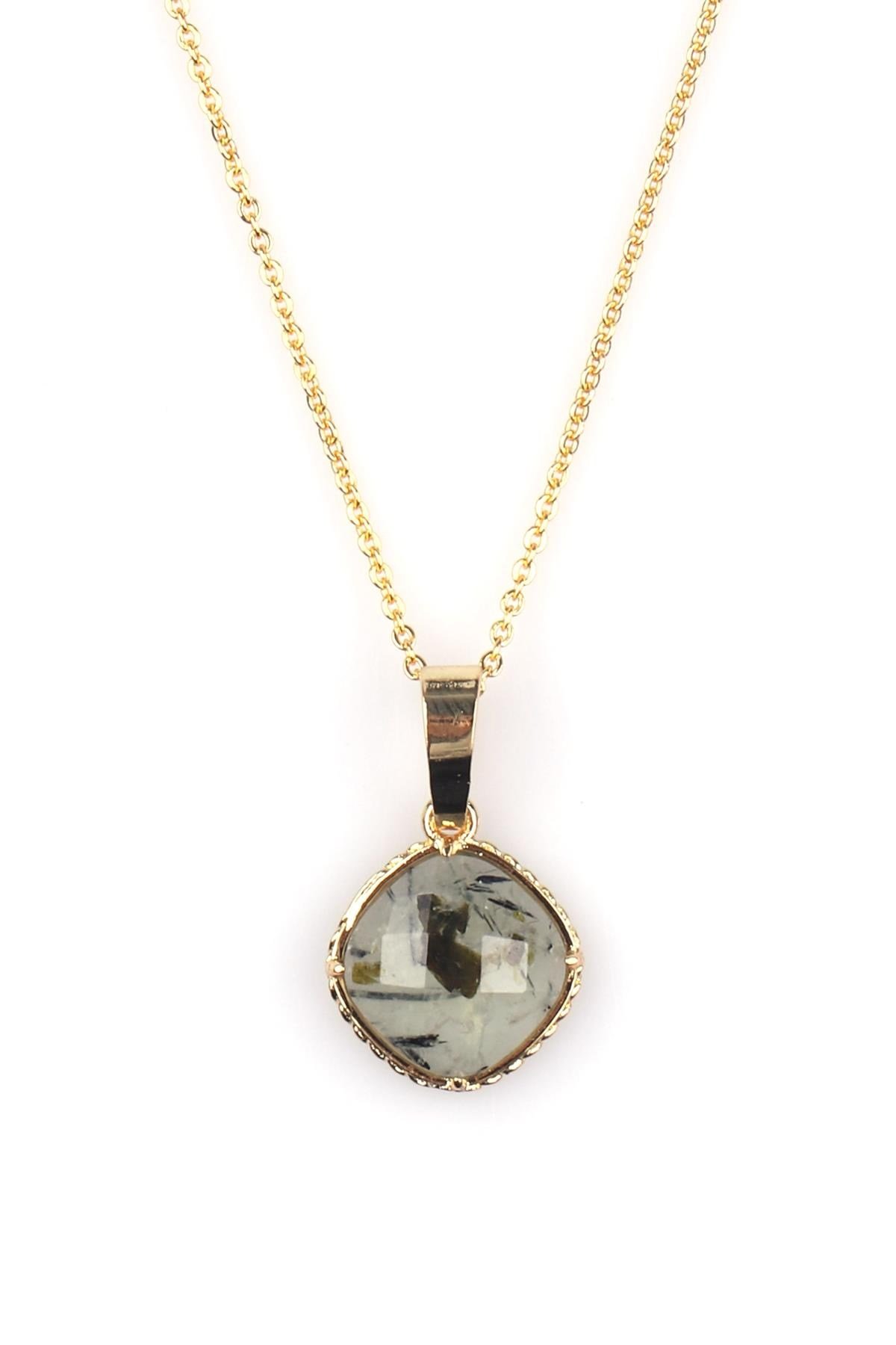 Prehnite Doğal Taş Gold Renkli Kolye