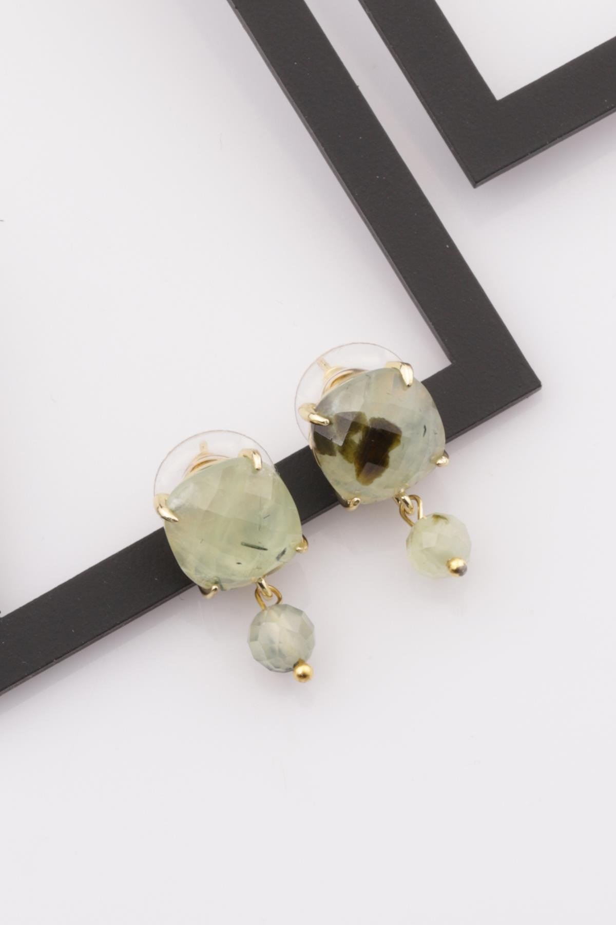 Prehnite Doğal Taş Gold Renkli Küpe