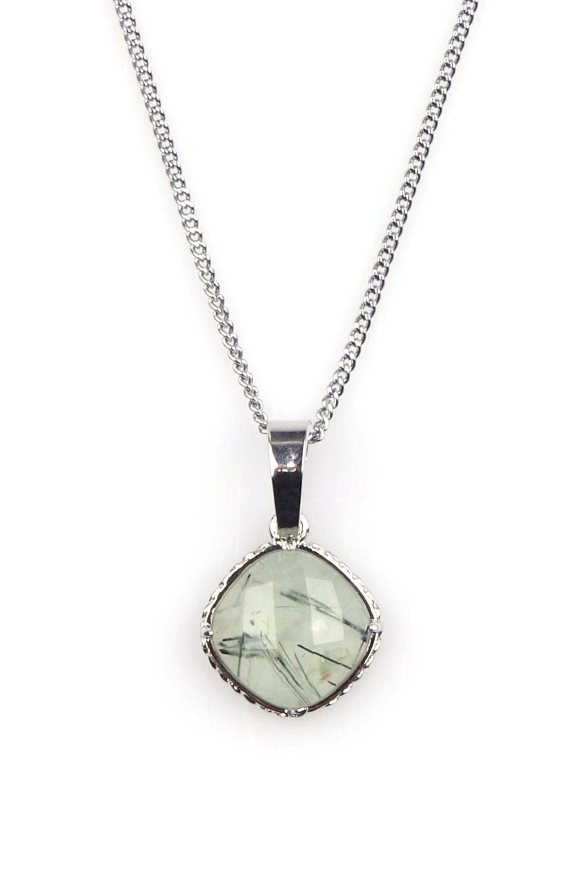 Prehnite Doğal Taş Gümüş Renkli Kolye