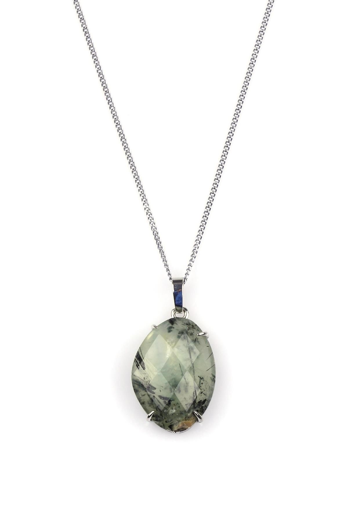 Prehnite Doğal Taş Gümüş Renkli Kolye
