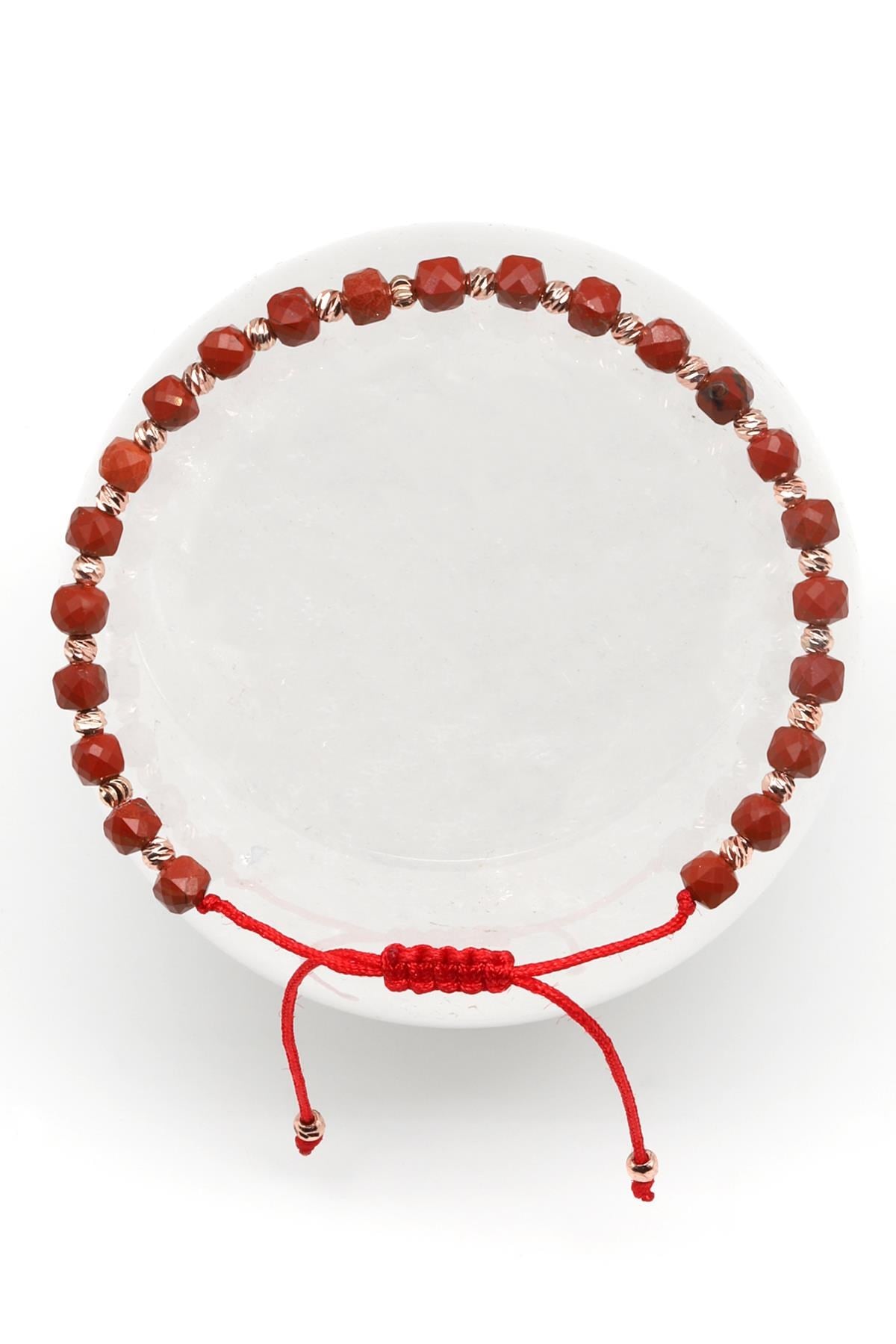 Red Jasper Doğal Taş Makrome Örme Bileklik Fasetli Küp Kesim