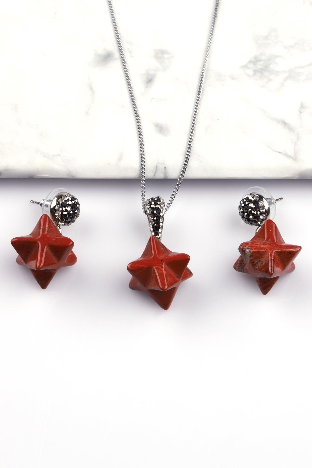 Red Jasper Doğal Taş Merkaba Kolye - Küpe 2'li Set