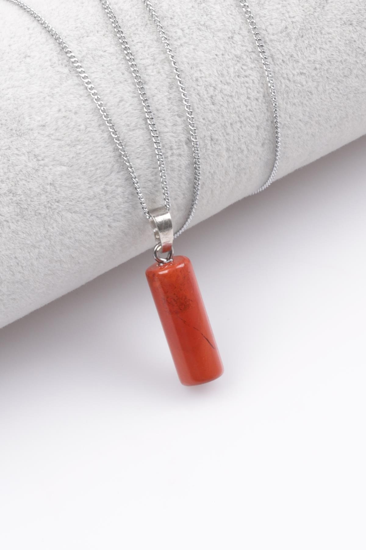 Red Jasper Doğal Taş Silindir Kesim Kolye