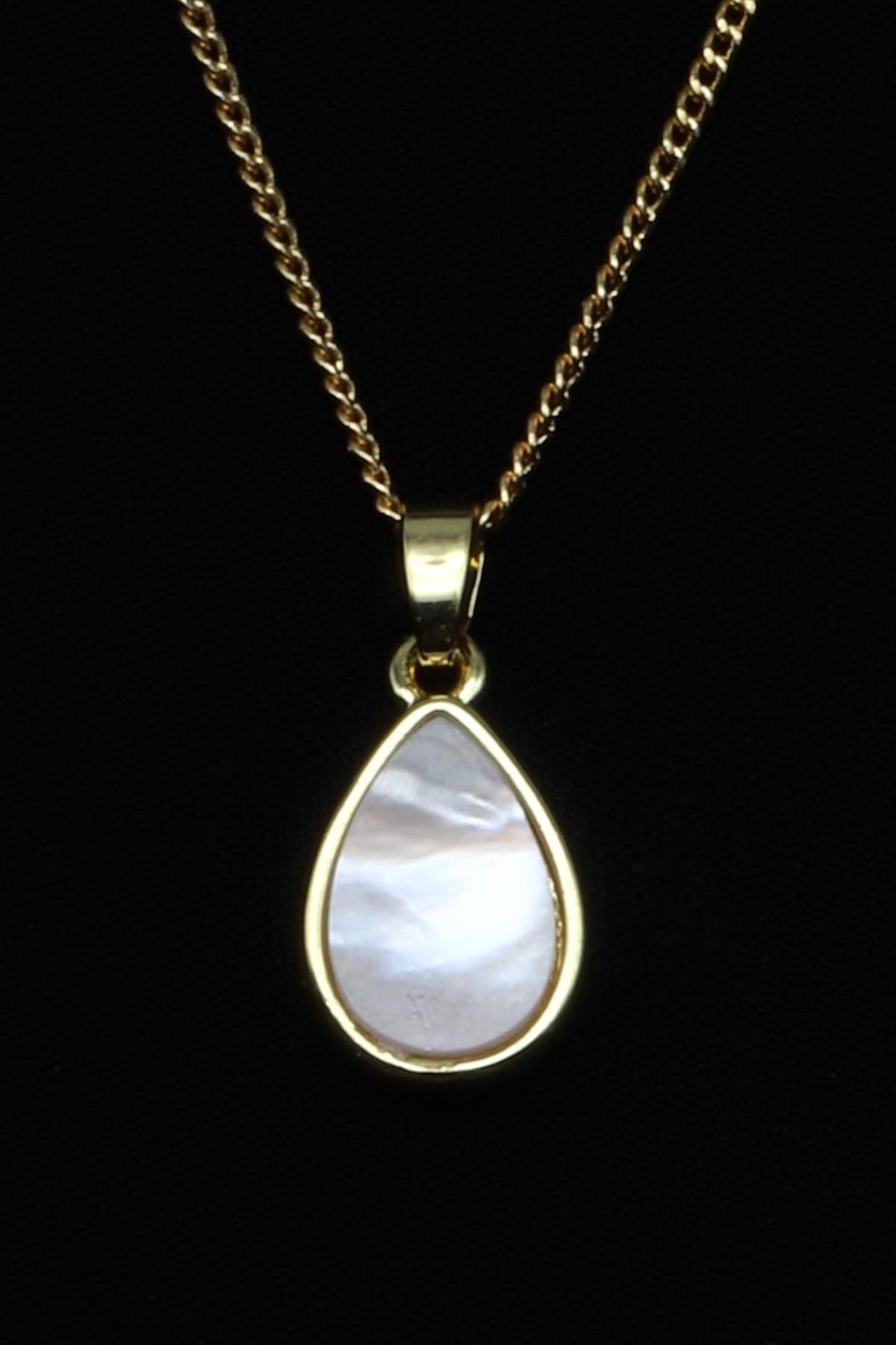 Sedef Doğal Taş Gold Renkli Kolye - KLY-1658