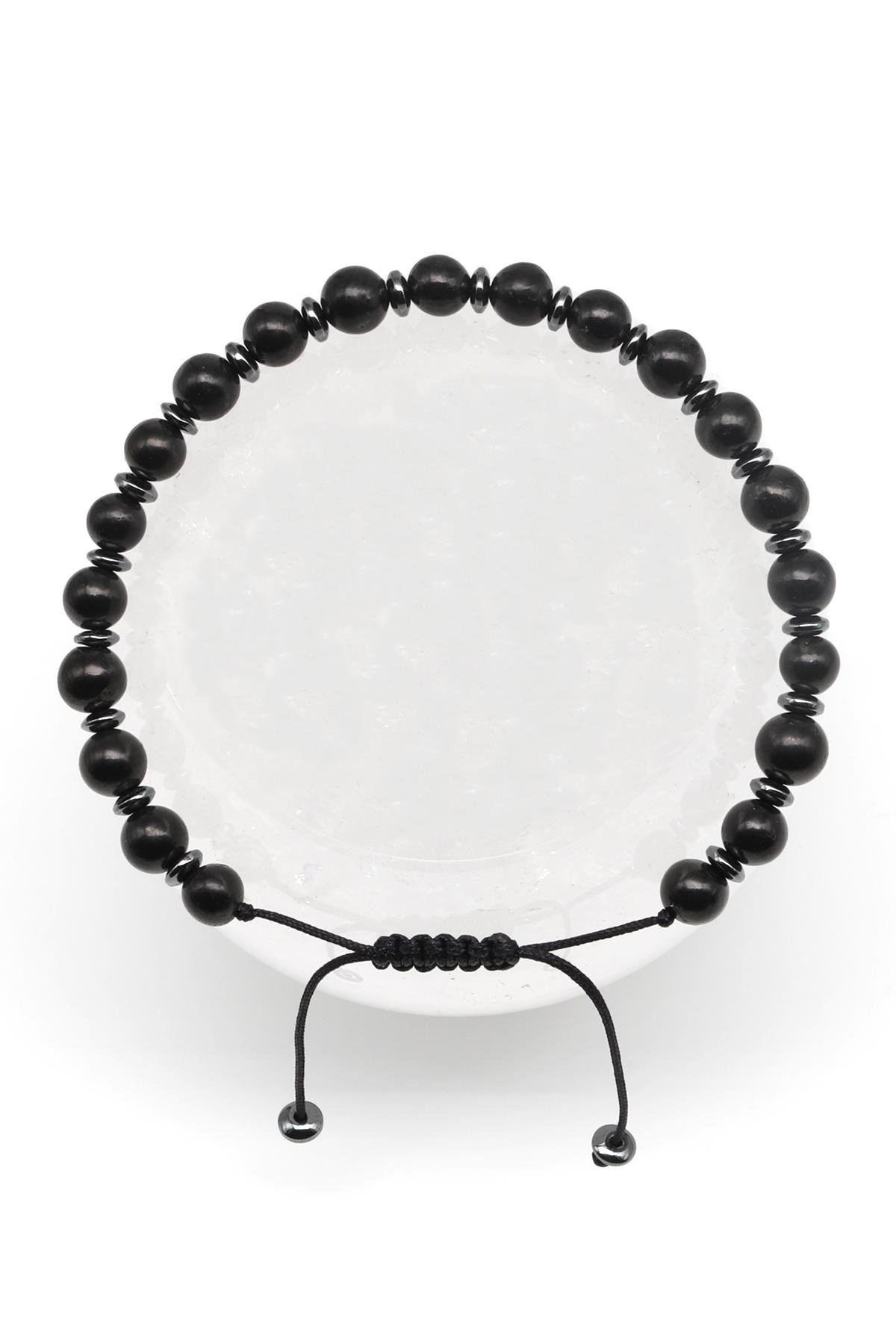 Shungite Doğal Taş Makrome Örme Bileklik Küre Kesim