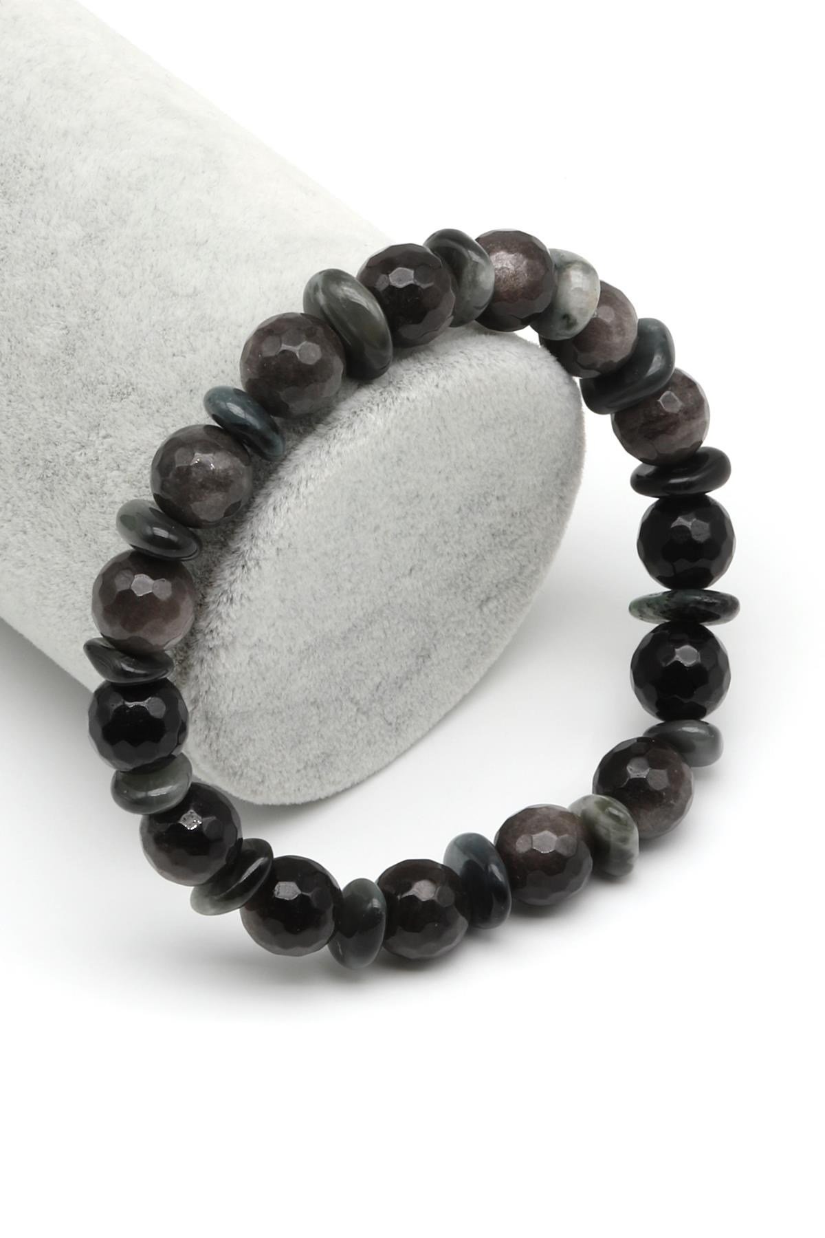 Silver Obsidyen-Kedi Gözü Doğal Taş Tasarım Bileklik 10 mm Fasetli Küre Kesim