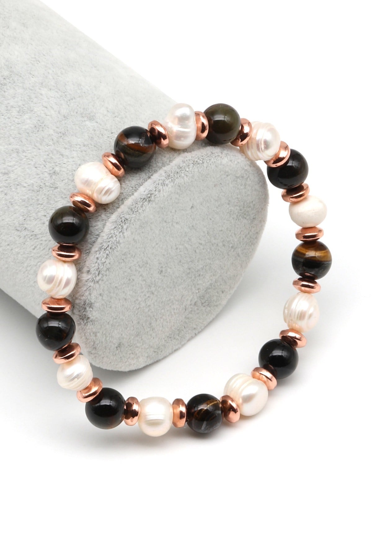 Siyah Kaplan Gözü-İnci Doğal Taş Bileklik 8 mm Küre Kesim - BLK-2307
