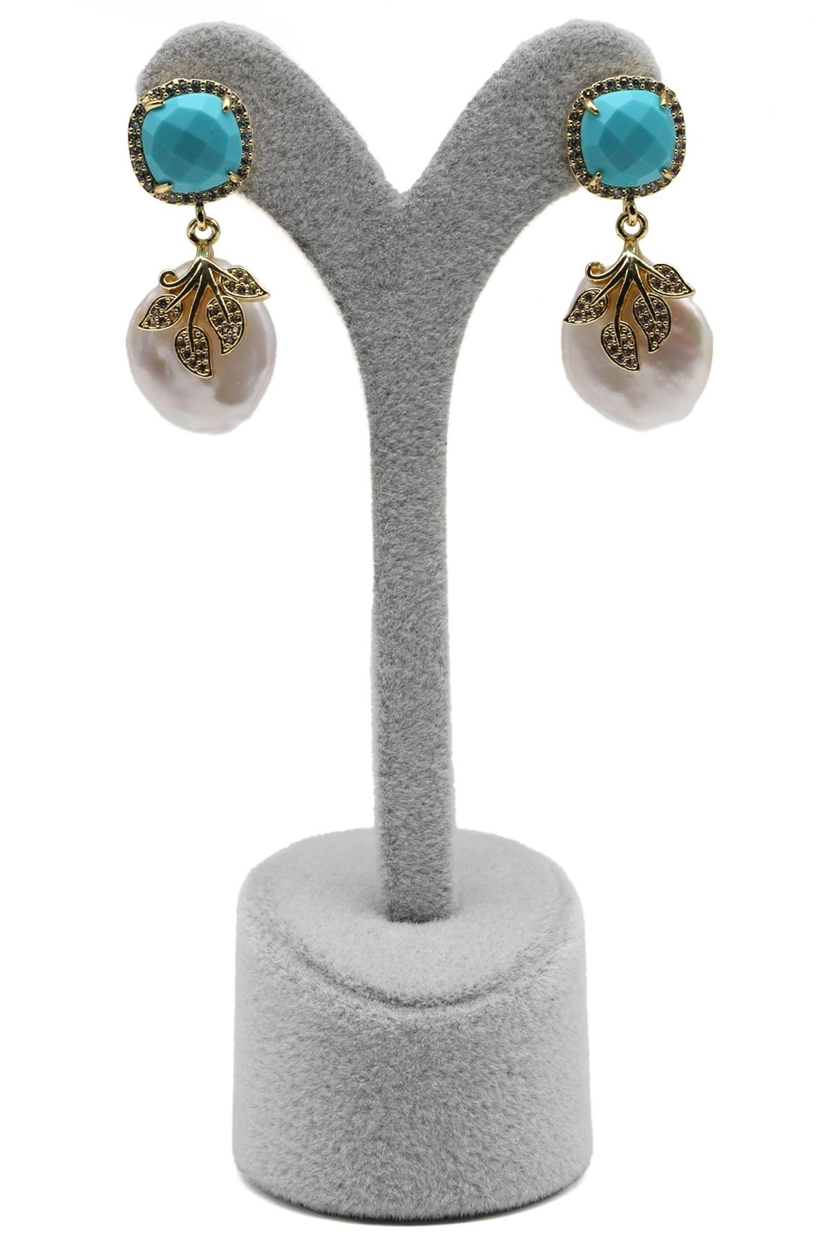 Turkuaz-İnci Doğal Taş Sallantılı Küpe - KP-0274