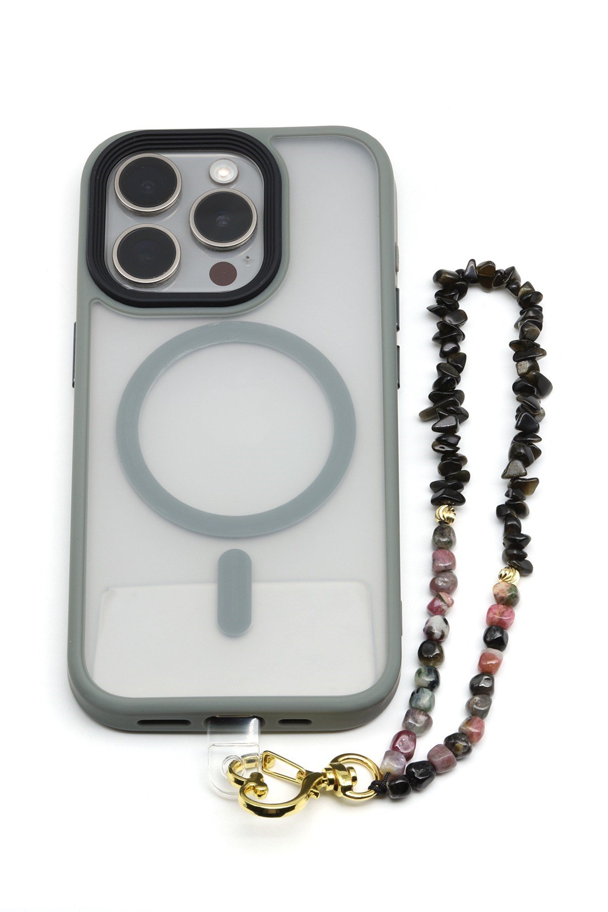 Turmalin-Golden Obsidyen Doğal Taş Telefon Askısı - ANH-0137