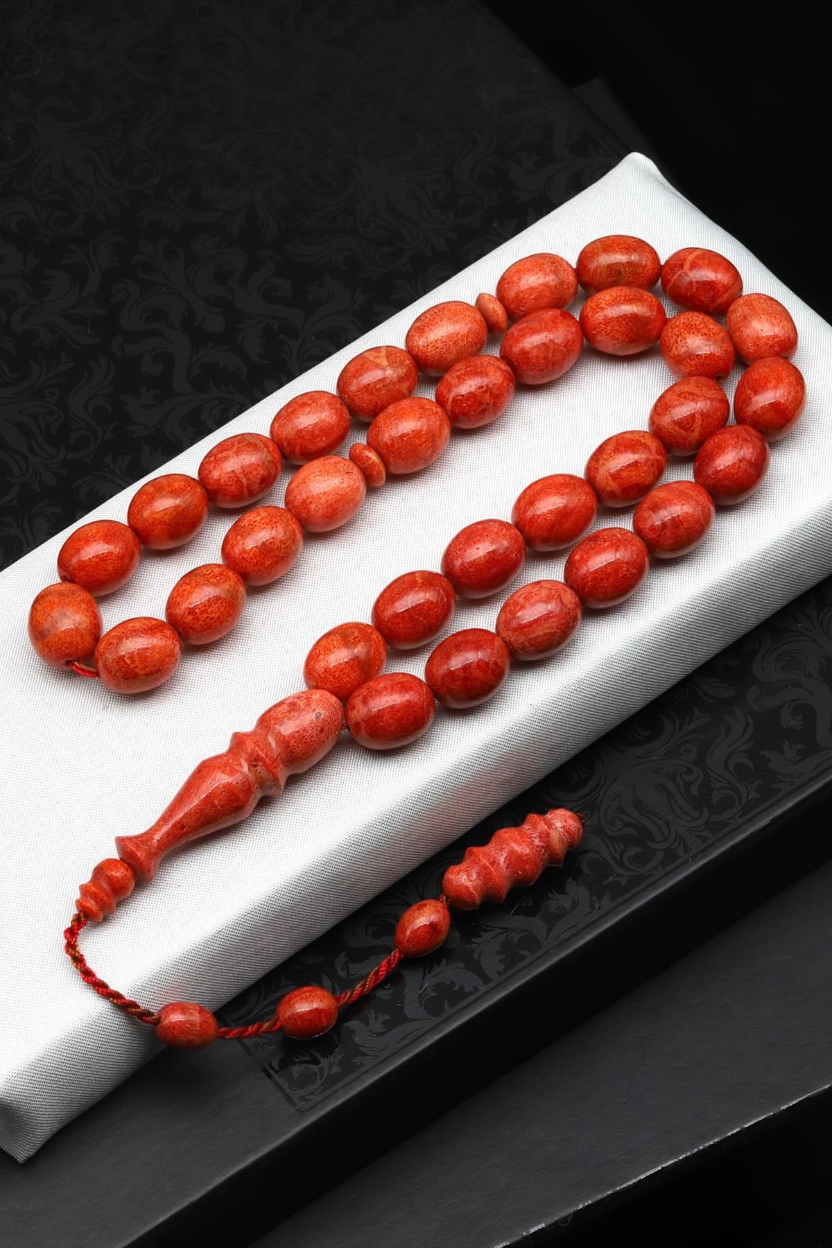 Usta İşçilikli Hakiki Mercan Doğal Taş Tesbih 10 x 13 mm Badem Kesim