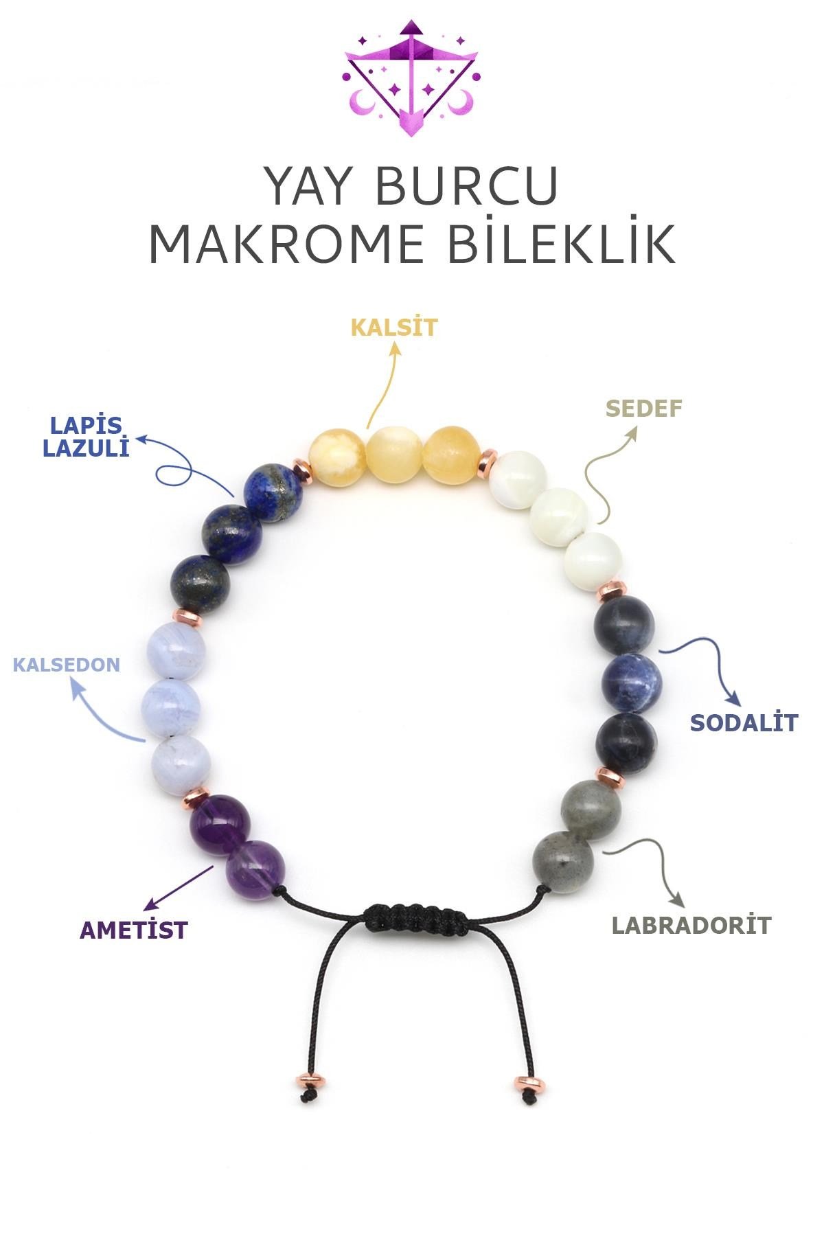 Yay Burcu Taşlarından Oluşan Doğal Taş Makrome Bileklik 8 mm Küre Kesim - Burç Bilekliği
