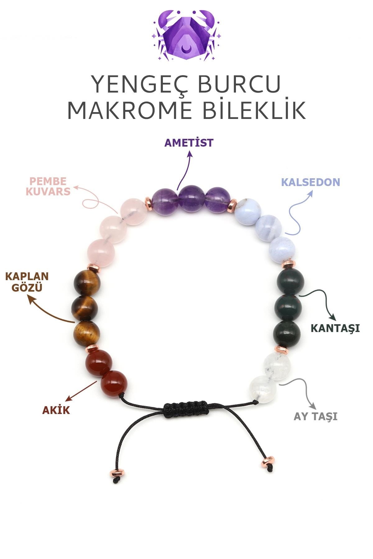 Yengeç Burcu Taşlarından Oluşan Doğal Taş Makrome Bileklik 8 mm Küre Kesim - Burç Bilekliği