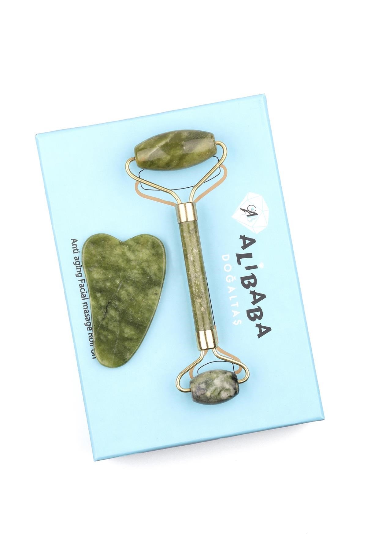 Yeşim Doğal Taş 2’li Özel Kutulu Set Face Roller + Gua Sha Masaj Taşı