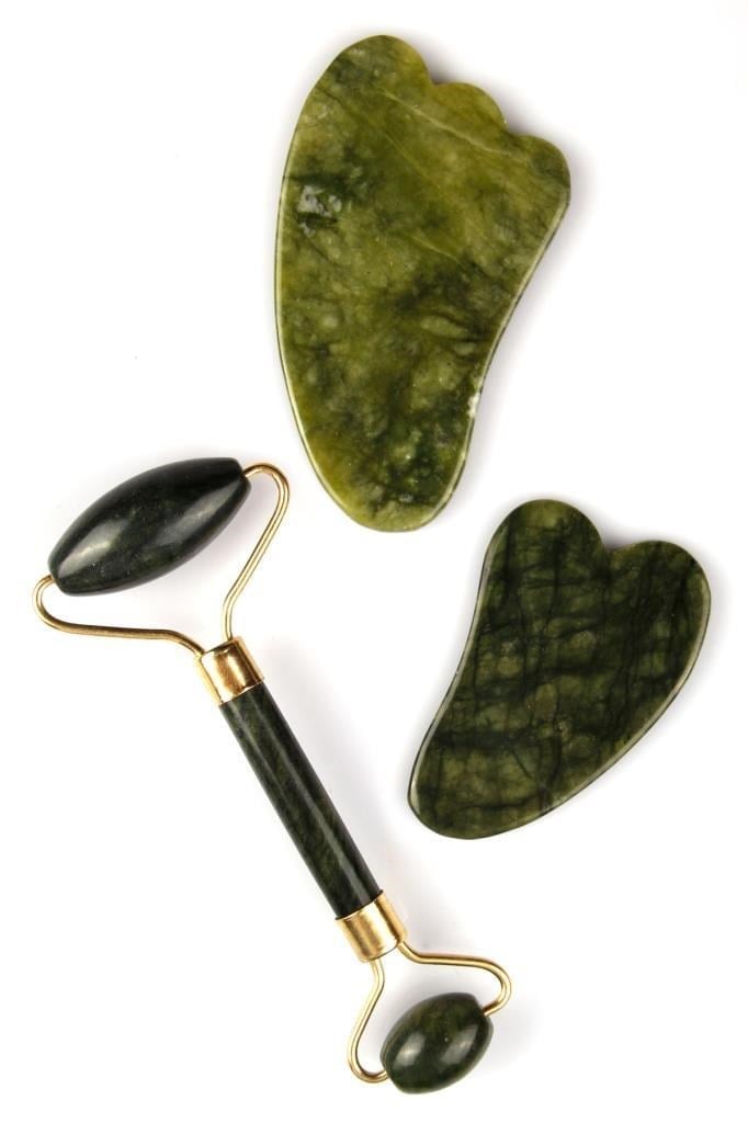 Yeşim Doğal Taş 3'lü Set Face Roller ve Gua Sha Yüz Masaj Taşı