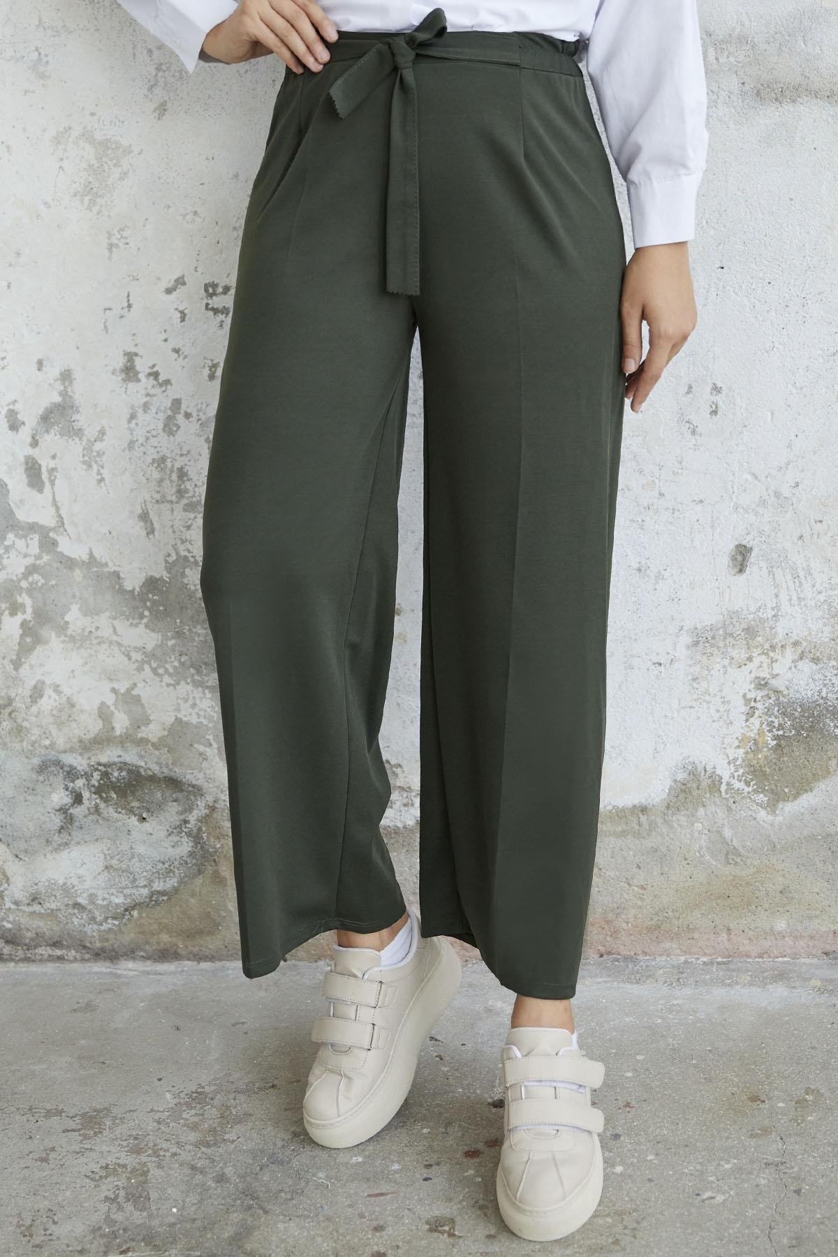 Beli Kuşaklı Bol Scuba Pantolon - Koyu Haki