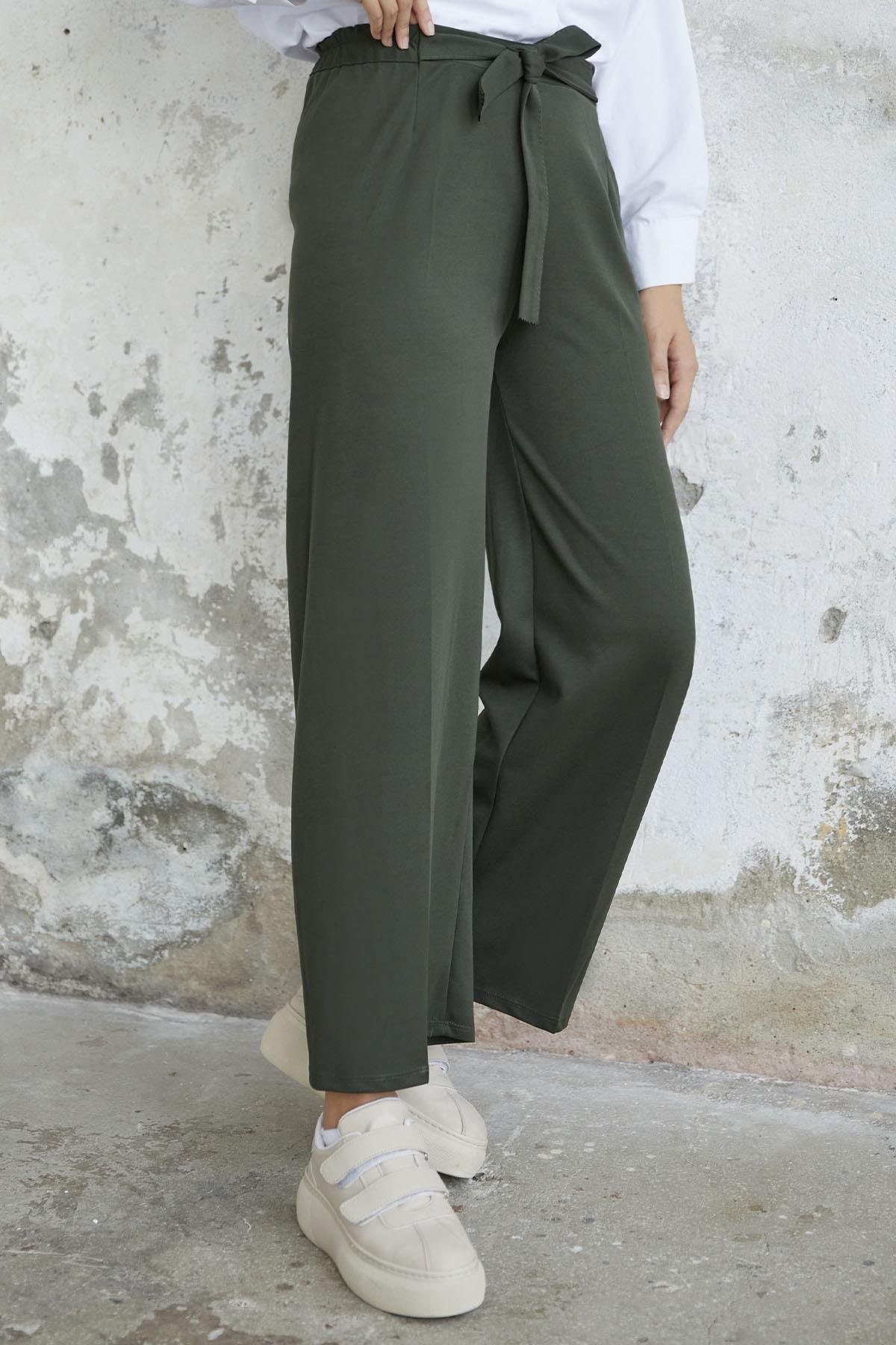 Beli Kuşaklı Bol Scuba Pantolon - Koyu Haki