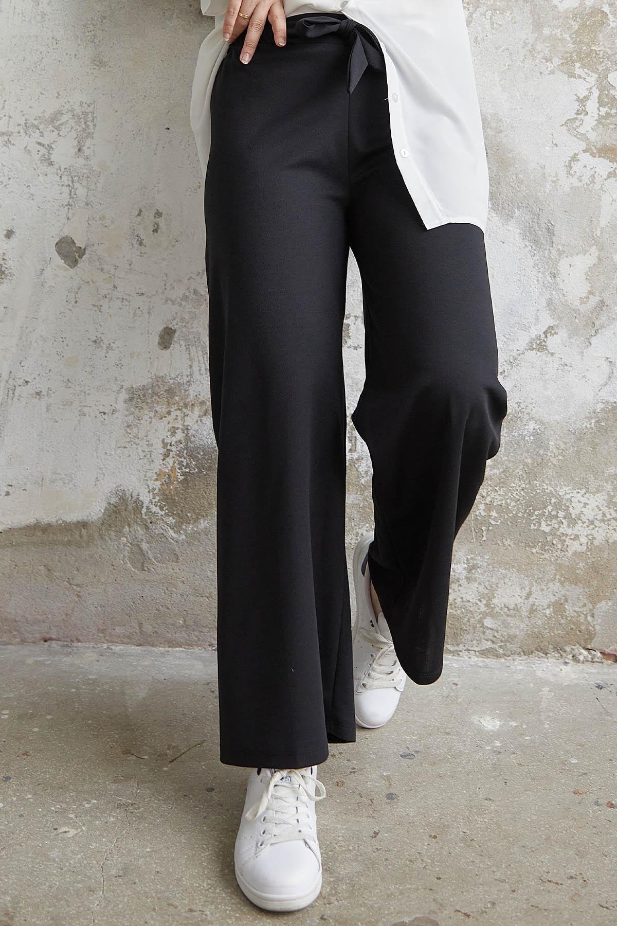 Beli Kuşaklı Bol Scuba Pantolon - Siyah