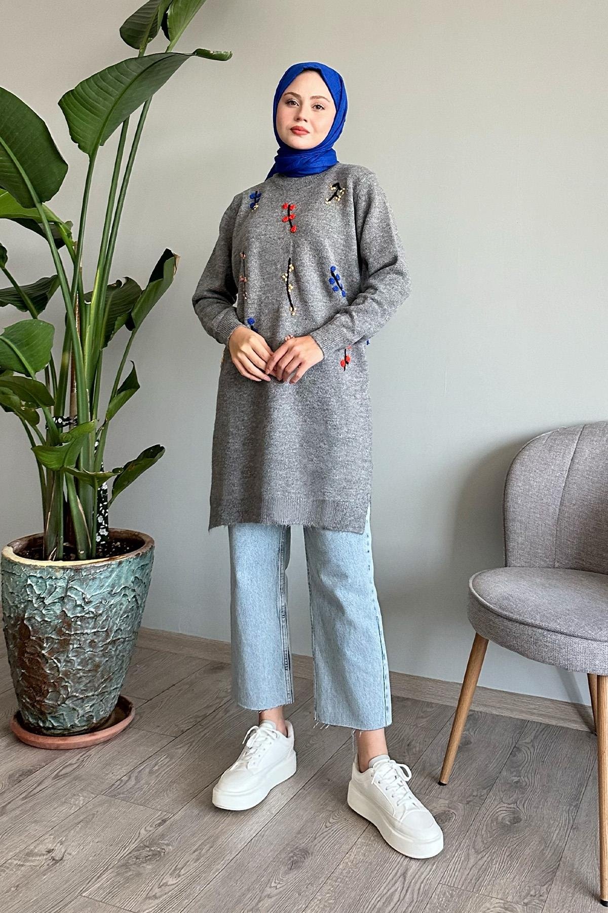 El İşi Yumoş Gri Triko Tunik