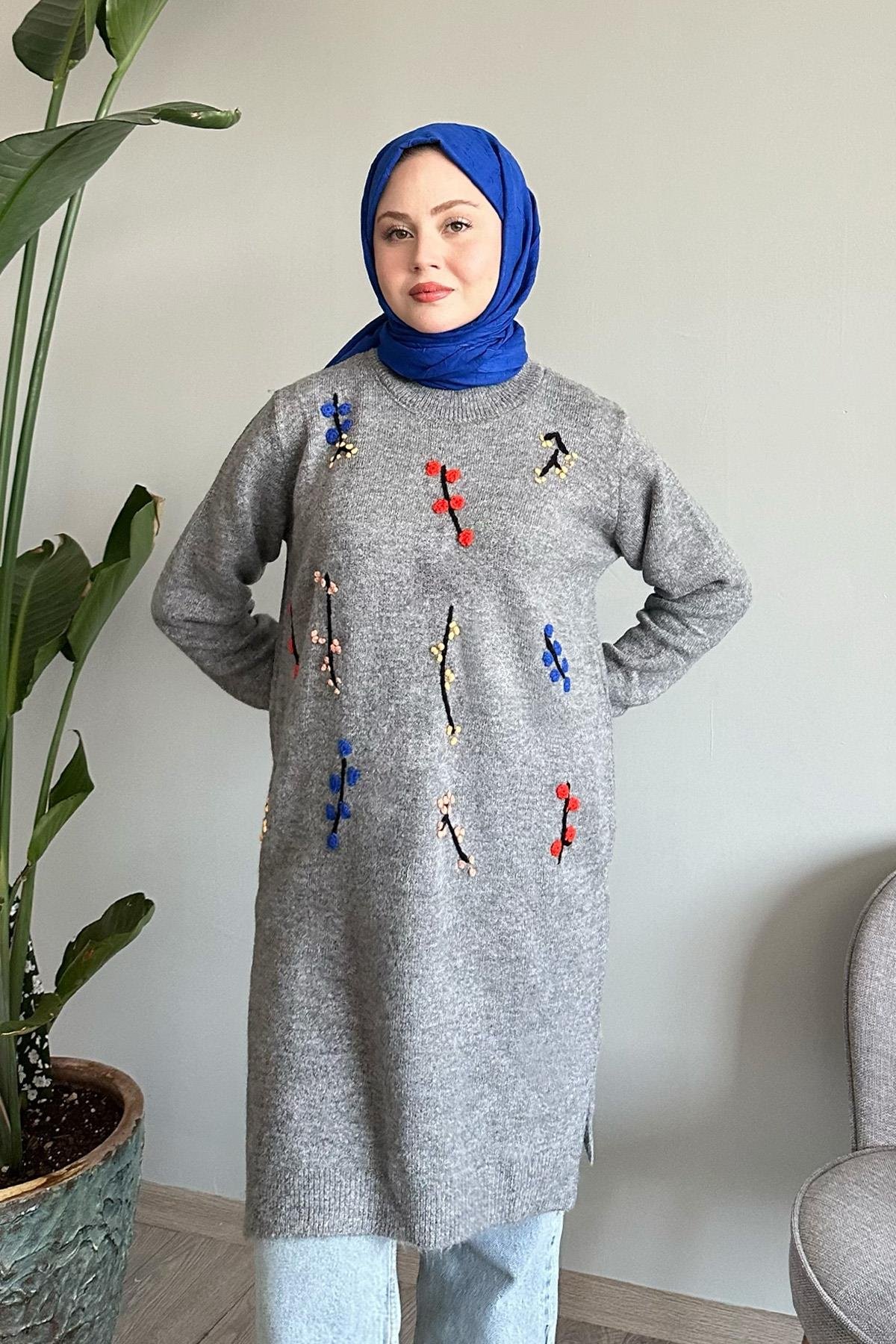 El İşi Yumoş Gri Triko Tunik