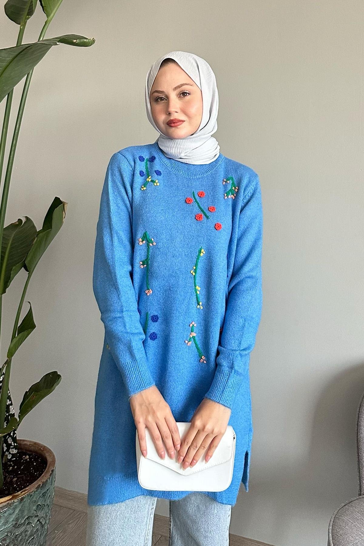 El İşi Yumoş Mavi Triko Tunik