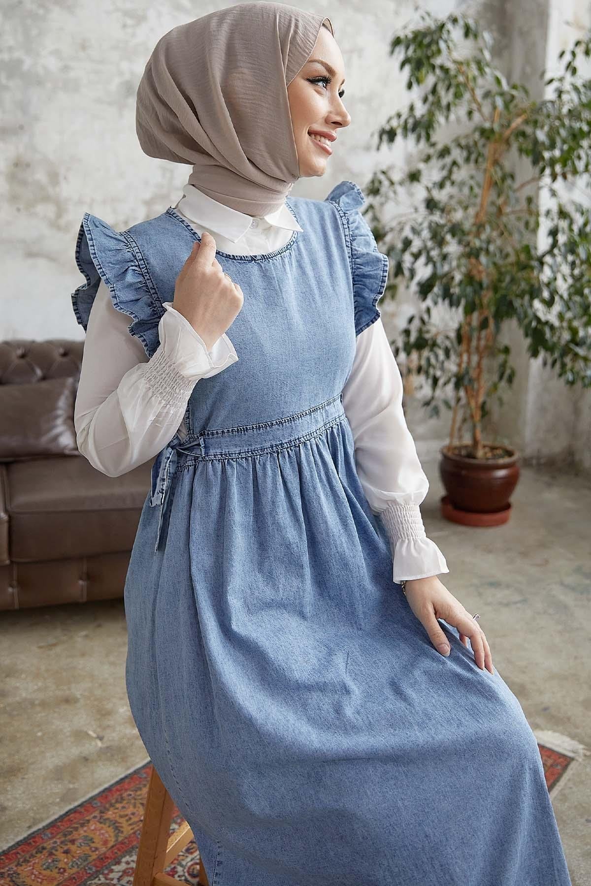 Frida Omuzu Fırfırlı Kot Jile Elbise - Açık Mavi